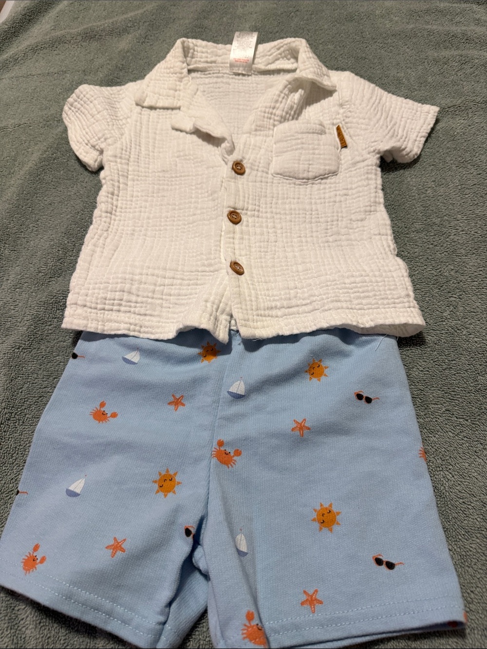 White Gauze Button-Front Shirt & Light Blue Crab Print Shorts Set